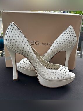 BCBGeneration Ivory Perforated Peep-Toe Platform Stilettos